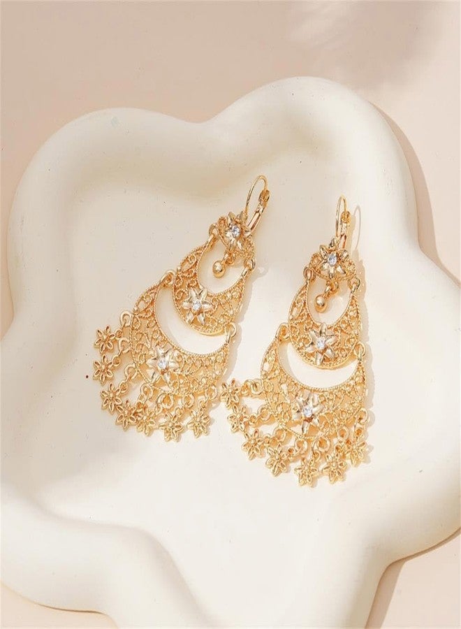 OIDIMS Boho Flower Tassel Statement Dangle Hoop Earrings for Women Crystal Chandelier Drop Dangling Earring Indian Bollywood Jewelry Gift for Jhumka Festival Holiday Christmas Wedding Party - Image 4