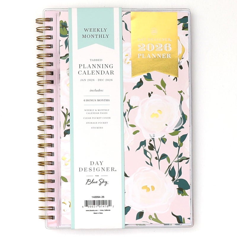 Blue Sky Day Designer 2026 Weekly and Monthly Planner Calendar, January 2026 - December 2026, 5" x 8", Clear Pocket Cover, Durable Twin Wire Binding, Includes Storage Pocket, Stickers, Coming Up Roses - Image 1