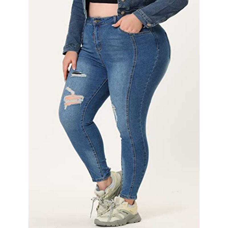 Women's Plus Size Jeans Washed Stretchy Skinny Jean Classic High Rise Casual Jeggings Denim Pants - Image 2