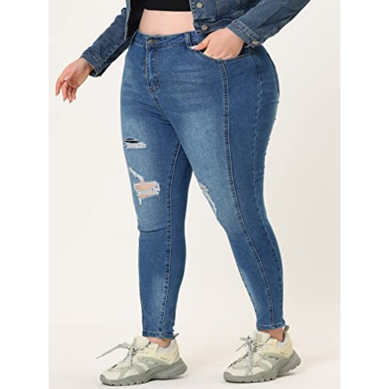 Women's Plus Size Jeans Washed Stretchy Skinny Jean Classic High Rise Casual Jeggings Denim Pants - Image 3