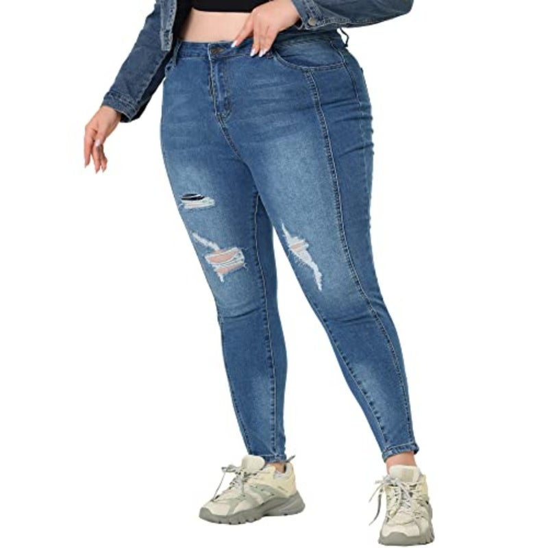 Women's Plus Size Jeans Washed Stretchy Skinny Jean Classic High Rise Casual Jeggings Denim Pants - Image 1