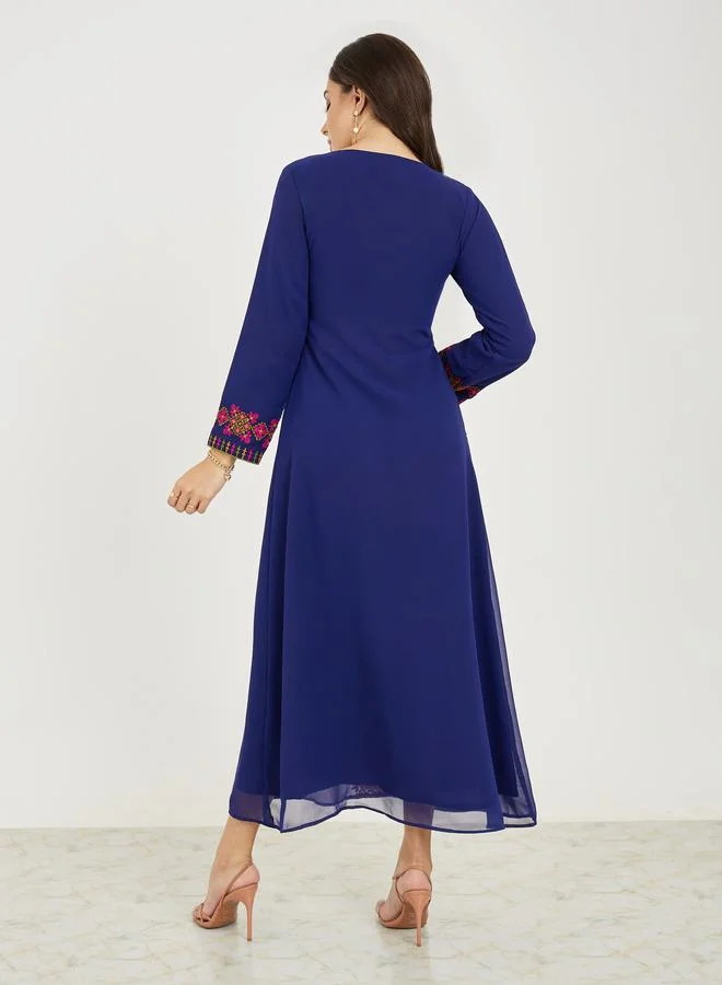 Styli Embroidered Round Neck A-Line Maxi Dress