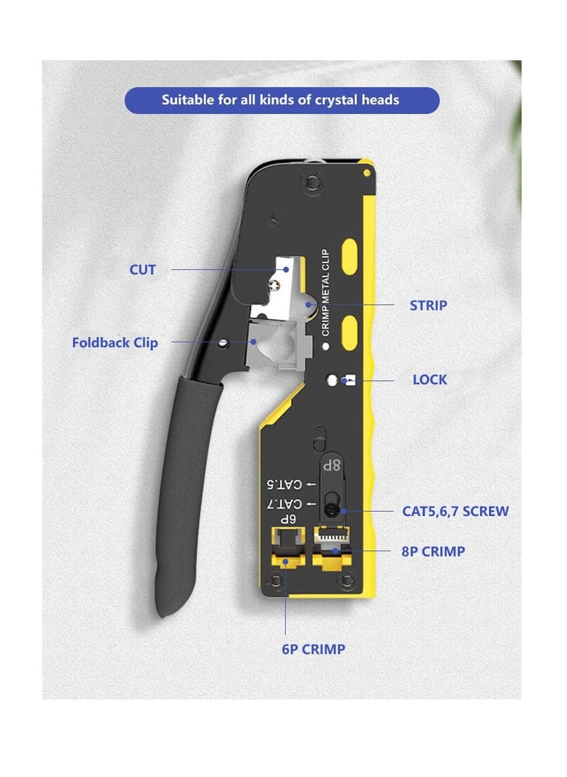 زيلينك - أداة الضغط ZLink RJ45 Pass Through Crimp Tool، أداة الضغط RJ45 Cat5 Cat6 Cat7، أداة الضغط RJ11، أداة الضغط لتجريد كابل شبكة Ethernet، كماشة أدوات الضغط المعيارية الصغيرة - Image 1