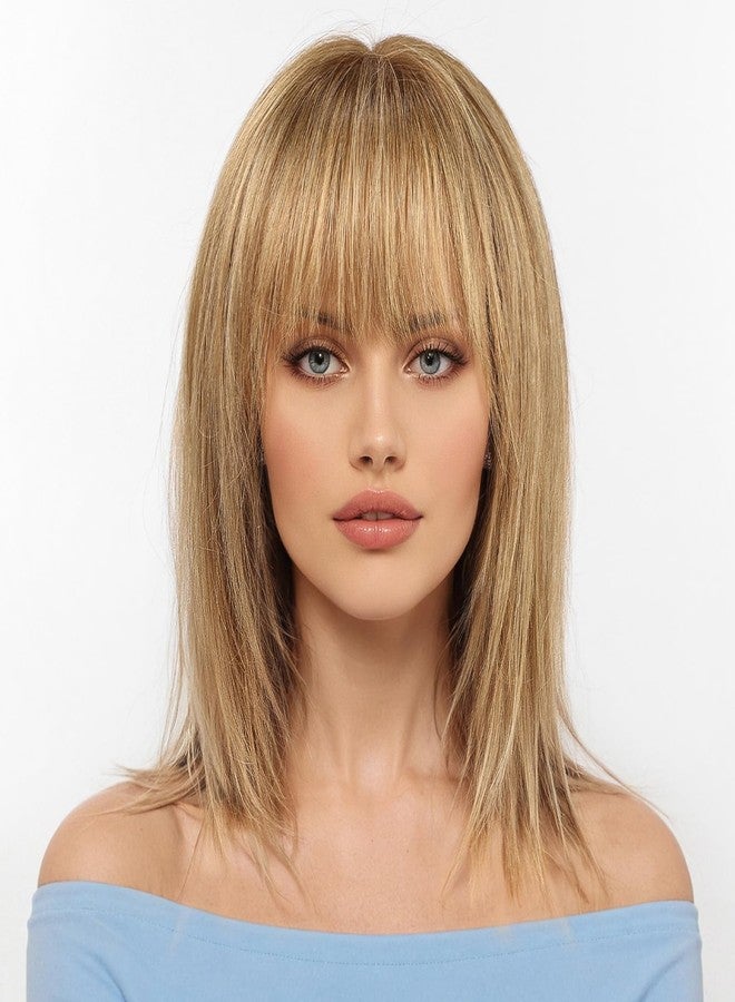 KKU 12 Inch Ombre Light Brown Wigs Human Hair for Women, Remy Human Hair Wigs, Human Hair Wigs with Bangs - Image 1