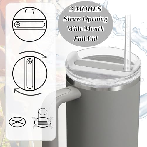 TiciKim 40oz Tumbler Lid Compatible for Stanley, 2 Pack Replacement Tumbler Lids Fit for Stanley Quencher 2.0 Tumbler 40 OZ, with Straws and Cleaning Brush (Grey) - Image 3