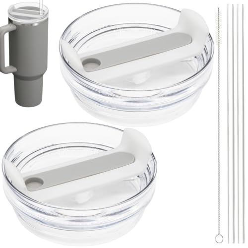 TiciKim 40oz Tumbler Lid Compatible for Stanley, 2 Pack Replacement Tumbler Lids Fit for Stanley Quencher 2.0 Tumbler 40 OZ, with Straws and Cleaning Brush (Grey) - Image 1