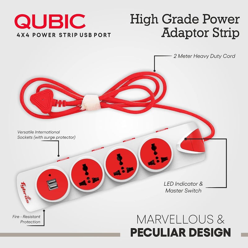 FYBROS كابل تمديد Qubic 4X1، صندوق تمديد، شريط طاقة مزود بمقابس دولية ولوحة تمديد، قدرة خرج 10 أمبير، ضمان لمدة سنتين، كابل متين بطول 2 متر، محمي من الصدمات الكهربائية والارتفاعات المفاجئة في الجهد الكهربائي - مصنوع في الهند - Image 2