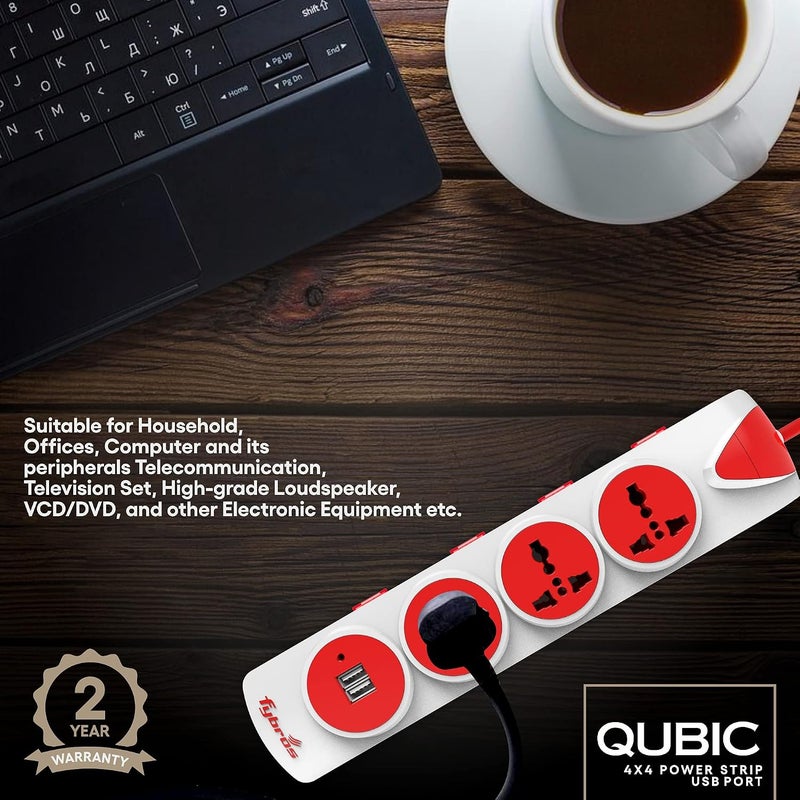 FYBROS كابل تمديد Qubic 4X1، صندوق تمديد، شريط طاقة مزود بمقابس دولية ولوحة تمديد، قدرة خرج 10 أمبير، ضمان لمدة سنتين، كابل متين بطول 2 متر، محمي من الصدمات الكهربائية والارتفاعات المفاجئة في الجهد الكهربائي - مصنوع في الهند - Image 3