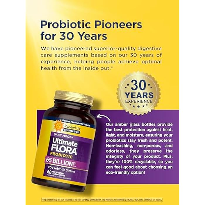 Renew Life Ultimate Flora Probiotics Daily Mood Support 65 Billion CFU Delayed Release Vegan Capsules with Ashwagandha | Digestive Health | Immune Health | Dairy Free | 60 Count - Image 5