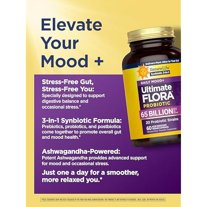 Renew Life Ultimate Flora Probiotics Daily Mood Support 65 Billion CFU Delayed Release Vegan Capsules with Ashwagandha | Digestive Health | Immune Health | Dairy Free | 60 Count - Image 4