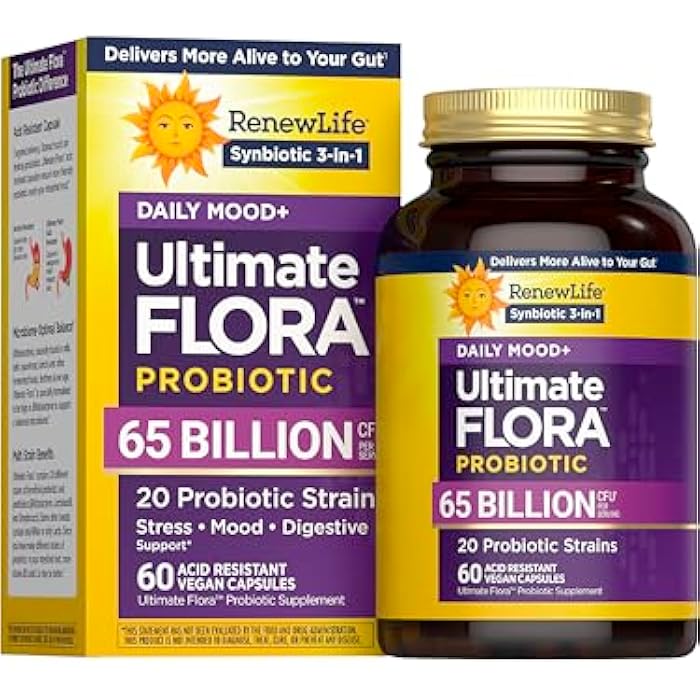 Renew Life Ultimate Flora Probiotics Daily Mood Support 65 Billion CFU Delayed Release Vegan Capsules with Ashwagandha | Digestive Health | Immune Health | Dairy Free | 60 Count - Image 1