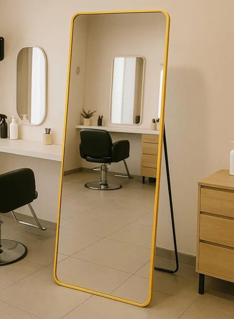 تايمي مرآة مستطيلة الشكل مقاس 160×50 سم بحواف دائرية، مرآة كاملة الطول مع حامل وإطار معدني، مرآة أرضية، مرآة حائط معلقة أو مائلة لغرفة المعيشة، غرفة النوم، المدخل، ذهبي - Image 3