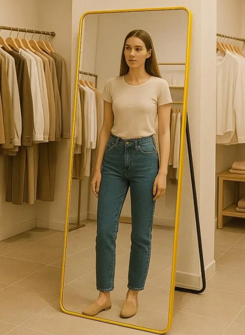 تايمي مرآة مستطيلة الشكل مقاس 160×50 سم بحواف دائرية، مرآة كاملة الطول مع حامل وإطار معدني، مرآة أرضية، مرآة حائط معلقة أو مائلة لغرفة المعيشة، غرفة النوم، المدخل، ذهبي - Image 5