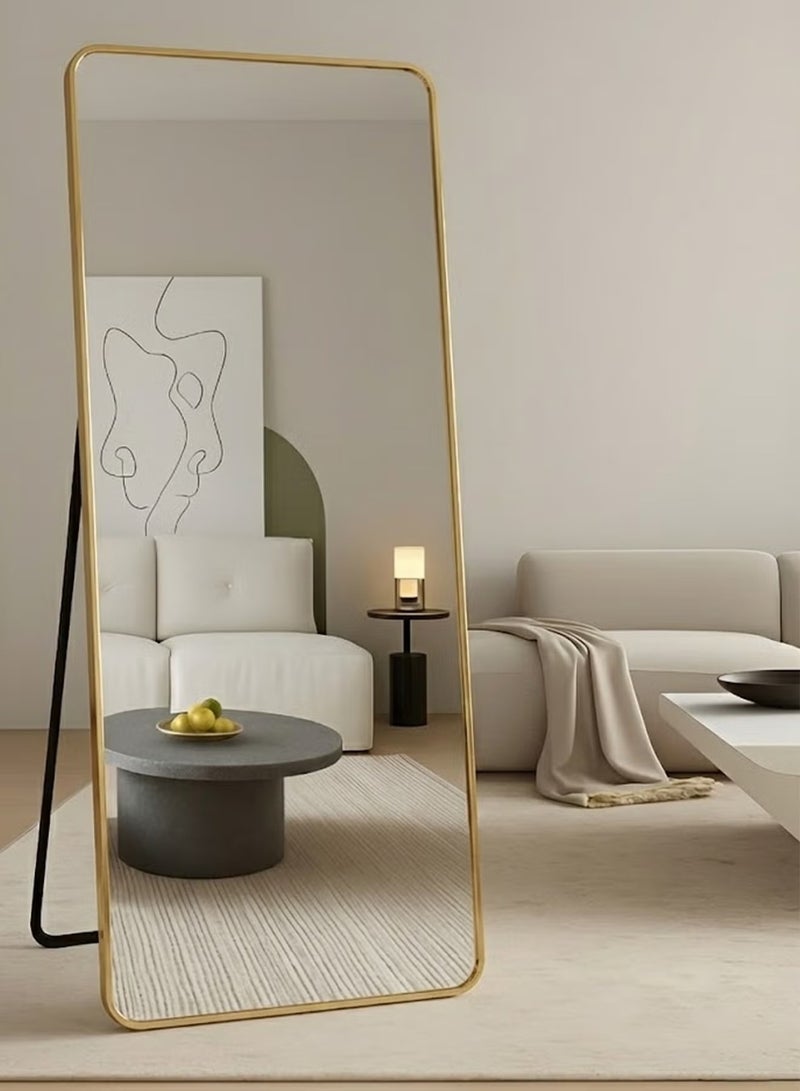تايمي مرآة مستطيلة الشكل مقاس 160×50 سم بحواف دائرية، مرآة كاملة الطول مع حامل وإطار معدني، مرآة أرضية، مرآة حائط معلقة أو مائلة لغرفة المعيشة، غرفة النوم، المدخل، ذهبي - Image 1