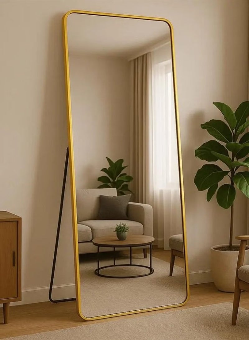 تايمي مرآة مستطيلة الشكل مقاس 160×50 سم بحواف دائرية، مرآة كاملة الطول مع حامل وإطار معدني، مرآة أرضية، مرآة حائط معلقة أو مائلة لغرفة المعيشة، غرفة النوم، المدخل، ذهبي - Image 2