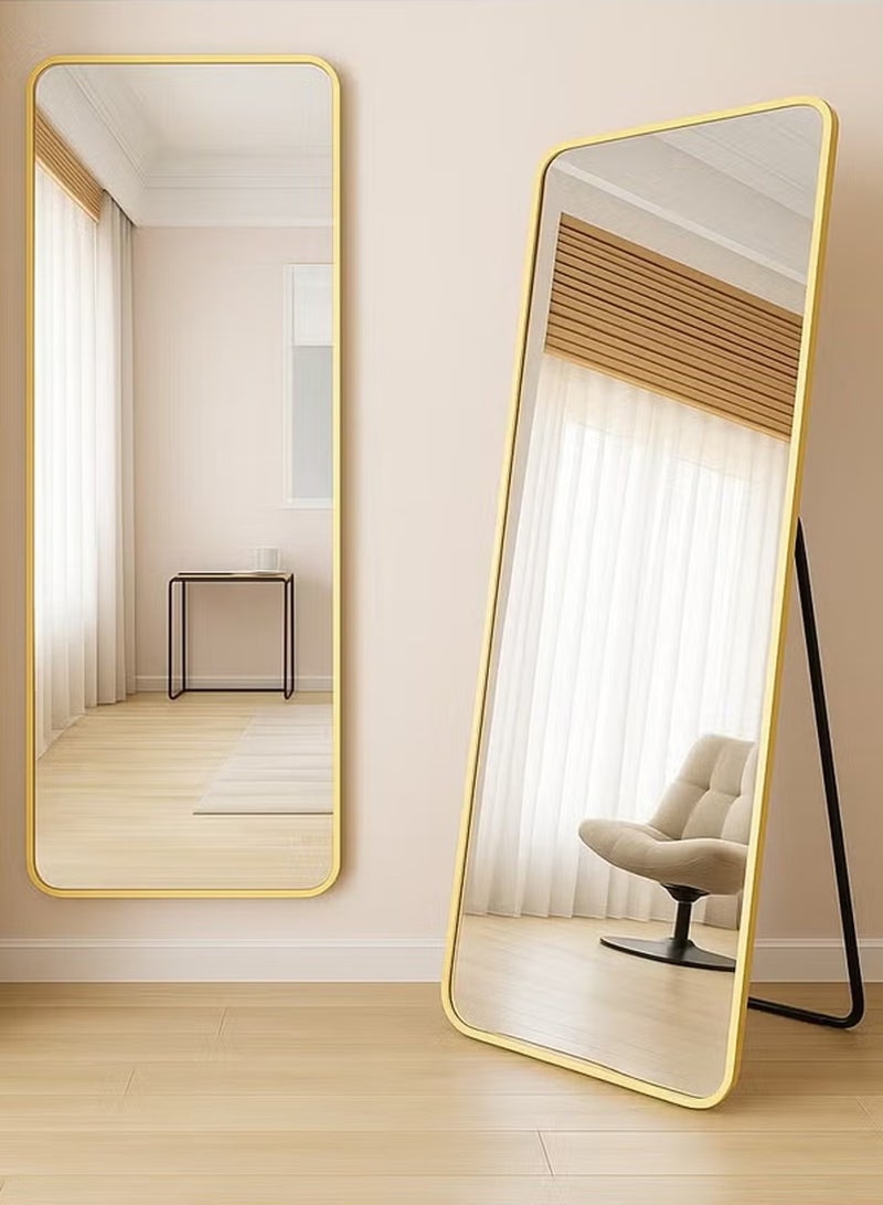 تايمي مرآة مستطيلة الشكل مقاس 160×50 سم بحواف دائرية، مرآة كاملة الطول مع حامل وإطار معدني، مرآة أرضية، مرآة حائط معلقة أو مائلة لغرفة المعيشة، غرفة النوم، المدخل، ذهبي - Image 4