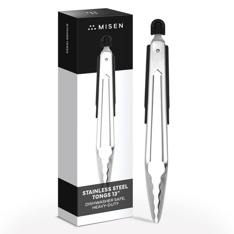 Misen Kitchen Tongs Dishwasher Safe Heavy Duty Precision Stainless Steel Grilling Tool Heat Resistant Perfect for Serving and Air Frying 13 Inch Black