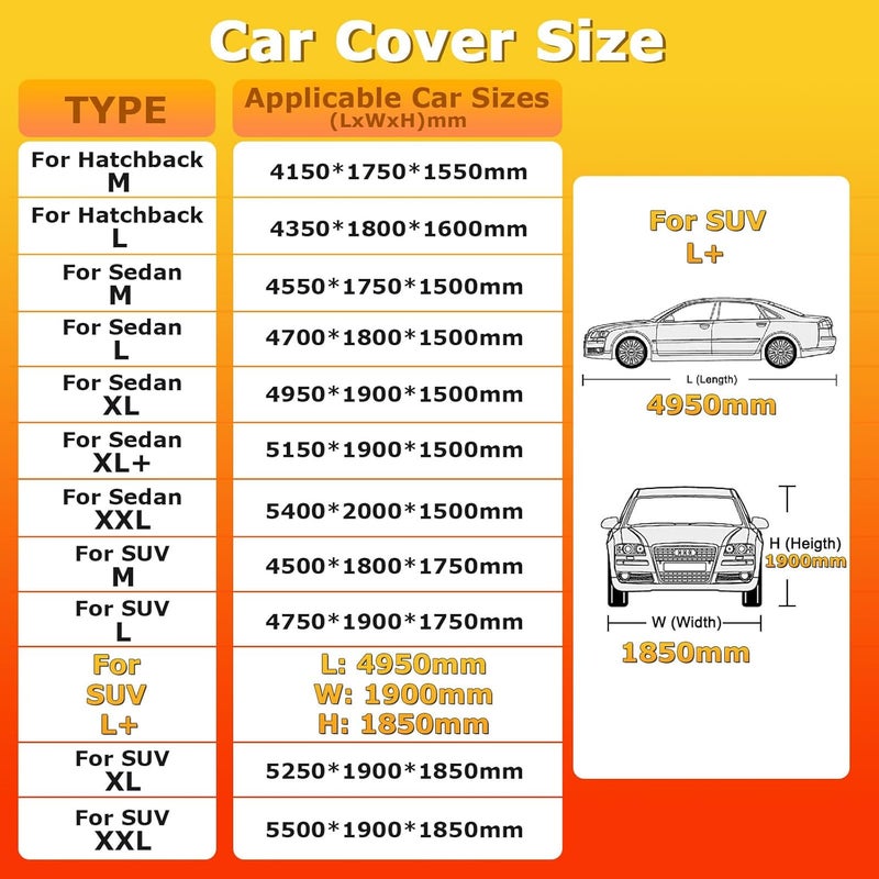 YSOAE Car Cover Waterproof, Hatchback/Sedan/SUV All Weather for Automobiles, Full Exterior Covers with Zipper Cotton, Outdoor Sun Snow Protection Universal (For SUV L+) - Image 3