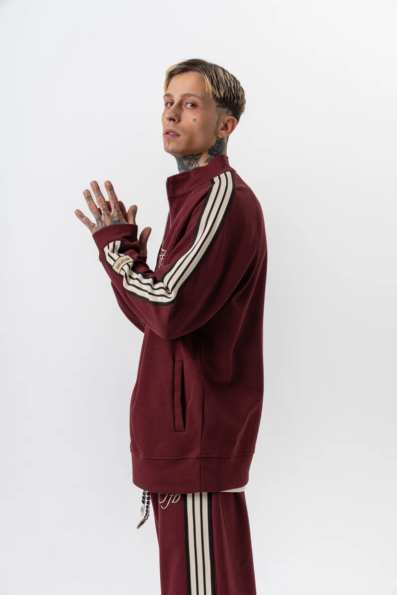 RESPIRE Men’s Triple-Stripe Detail Stand-Collar Doubleface Zip Oversize Sweatshirt Burgundy