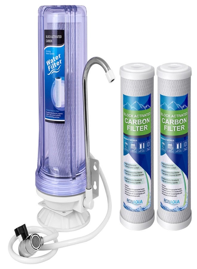 Ronaqua One Stage Countertop Drinking Water Filtration System Removes Chlorine, Transparent Housing and Yearly Supply (2 Extra) Block Activated Carbon Cartridges 5 Micron, Meets NSF Standards & Regulations - Image 1