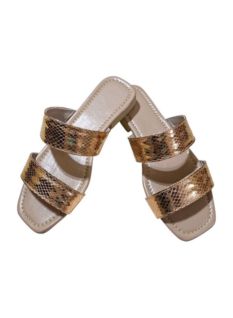 Karisma Simple Double Strap Flat Squared Toe Slipper With Snake Print Material - Image 1