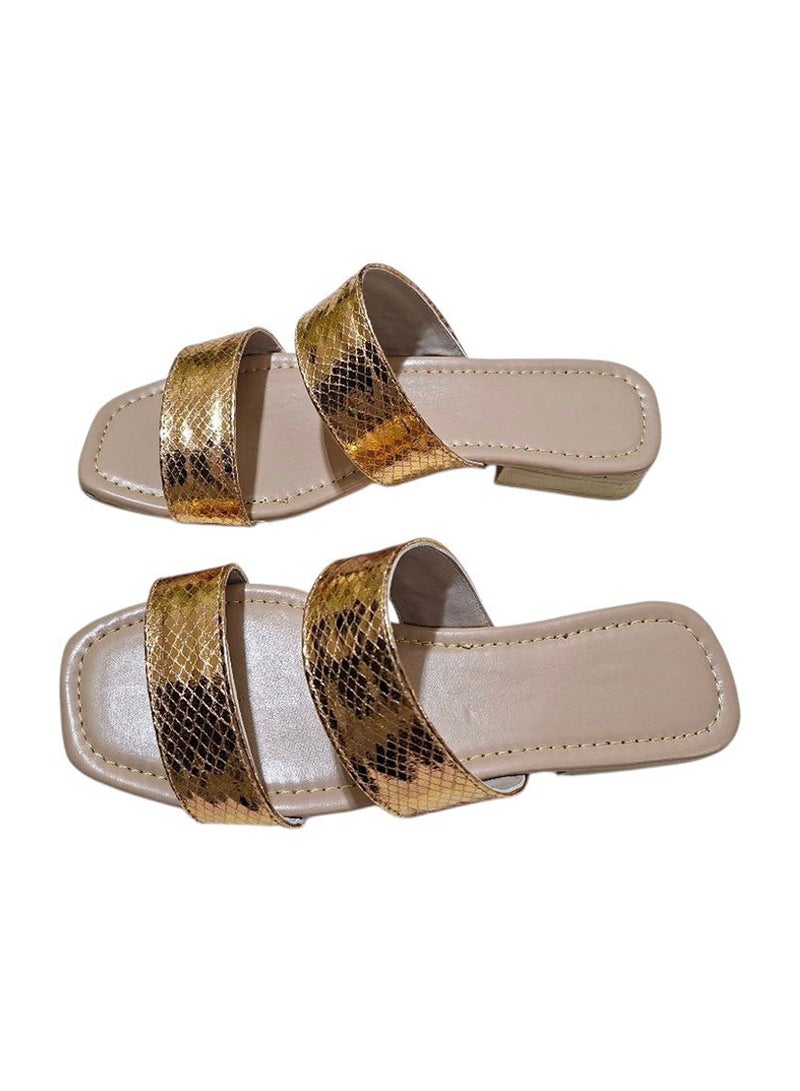 Karisma Simple Double Strap Flat Squared Toe Slipper With Snake Print Material - Image 2