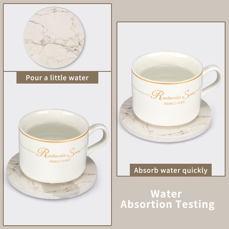 Deceram 6 Pcs White Marble Coaster Set with Holder Absorbent Coasters Drink Coasters Ceramic Bar Coasters Cute Dining Coffee Table Coasters Decor Gift Cup Stone Modern Coasters for Beverage Beer Coasters - Image 4