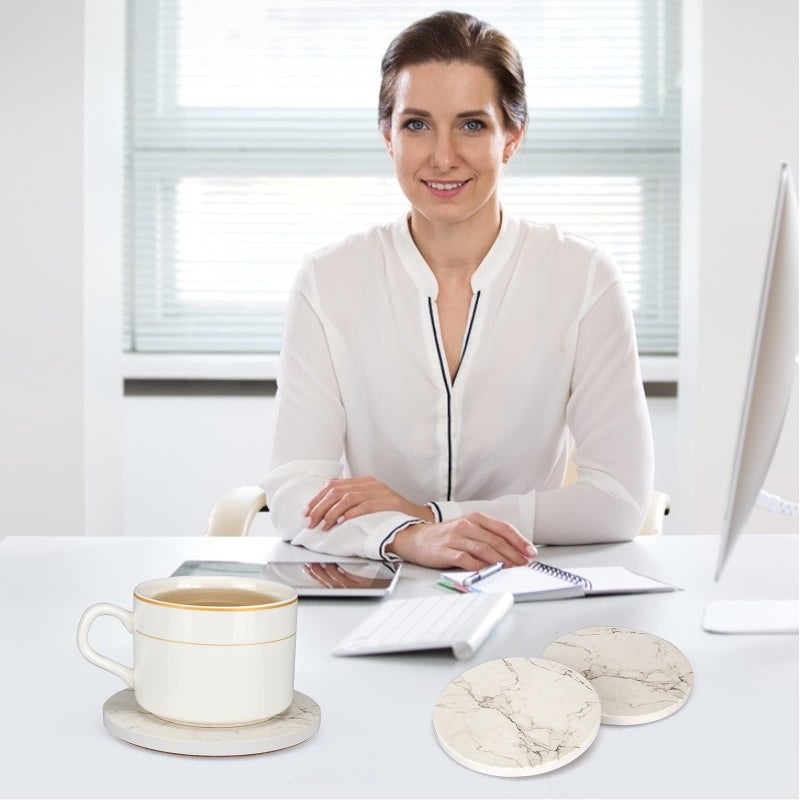 Deceram 6 Pcs White Marble Coaster Set with Holder Absorbent Coasters Drink Coasters Ceramic Bar Coasters Cute Dining Coffee Table Coasters Decor Gift Cup Stone Modern Coasters for Beverage Beer Coasters - Image 5