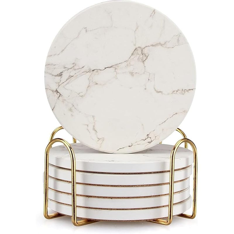 Deceram 6 Pcs White Marble Coaster Set with Holder Absorbent Coasters Drink Coasters Ceramic Bar Coasters Cute Dining Coffee Table Coasters Decor Gift Cup Stone Modern Coasters for Beverage Beer Coasters - Image 1