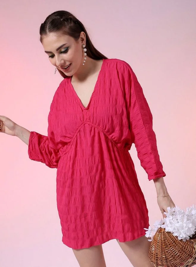 Women Fit and Flared Solid V-Neck Long Sleeve Dress