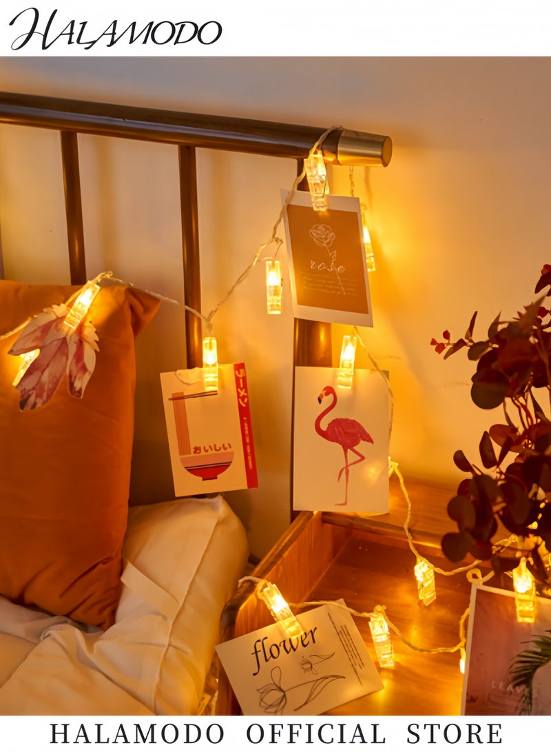 هالامودو 10 مصابيح LED سلسلة مشابك صور أضواء خرافية مرصعة بالنجوم لتزيين الحائط لتعليق الصور واللوحات والصور والبطاقات والمذكرات، لون أبيض دافئ - Image 2