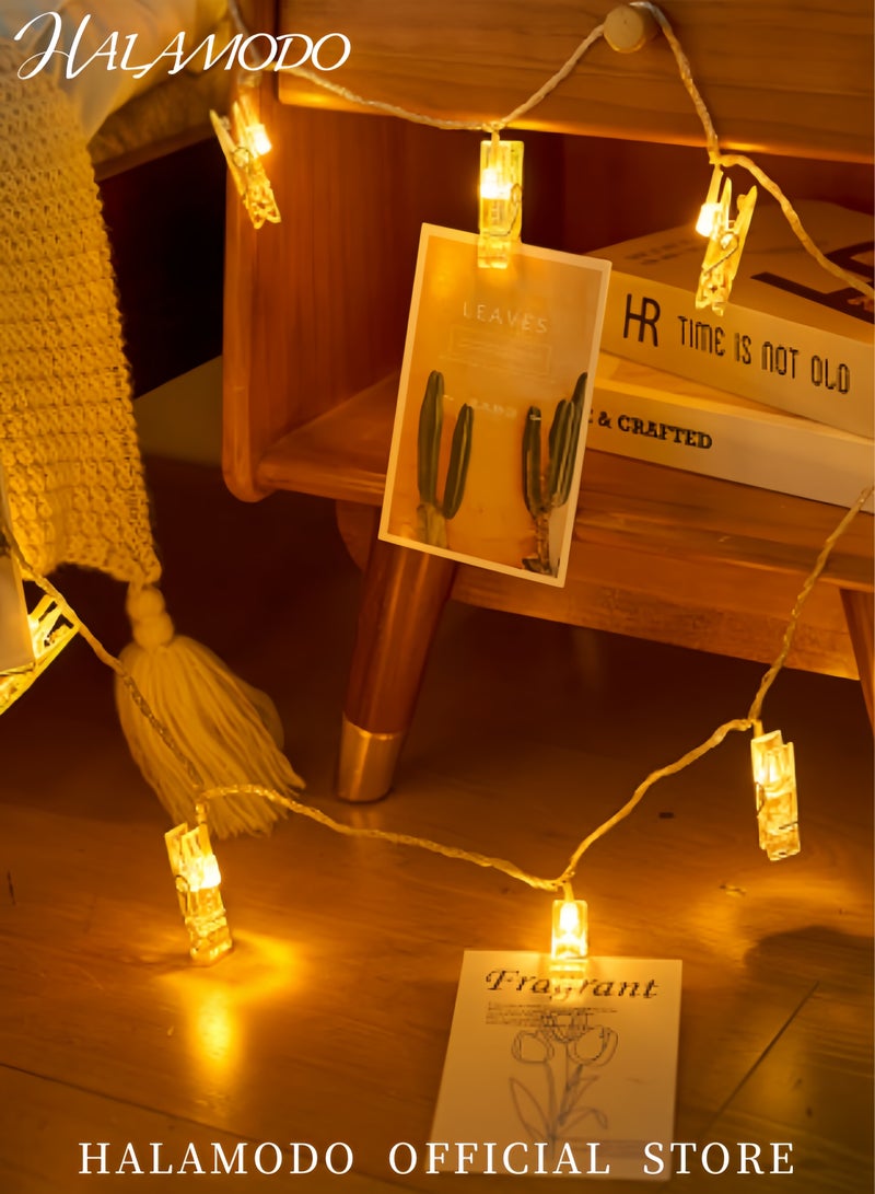 هالامودو 10 مصابيح LED سلسلة مشابك صور أضواء خرافية مرصعة بالنجوم لتزيين الحائط لتعليق الصور واللوحات والصور والبطاقات والمذكرات، لون أبيض دافئ - Image 4