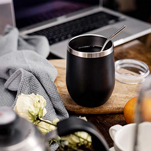 COMOOO 12oz Stainless Steel Wine Tumbler with Lid and Straw, Double Wall Vacuum Insulated Wine Tumbler Cup for Hot and Cold Drinks, Wine, Coffee, Champaign, Black, 4 Pack - Image 5
