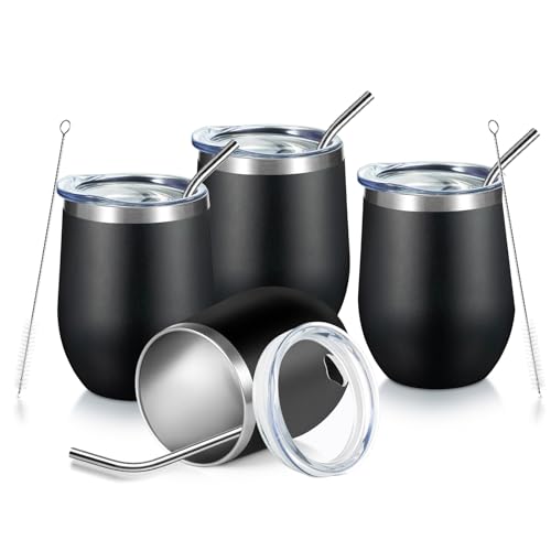 COMOOO 12oz Stainless Steel Wine Tumbler with Lid and Straw, Double Wall Vacuum Insulated Wine Tumbler Cup for Hot and Cold Drinks, Wine, Coffee, Champaign, Black, 4 Pack - Image 1