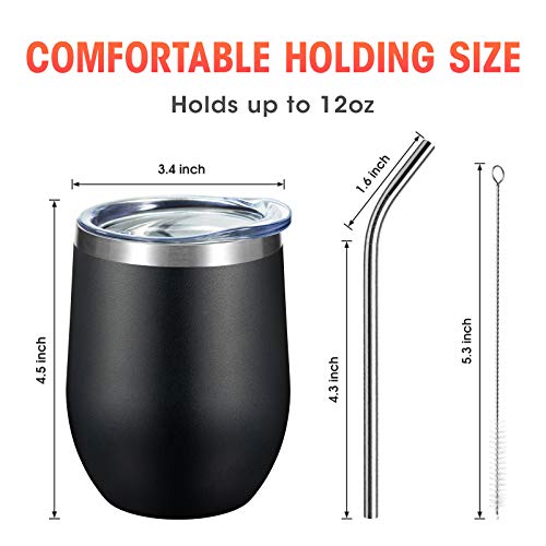 COMOOO 12oz Stainless Steel Wine Tumbler with Lid and Straw, Double Wall Vacuum Insulated Wine Tumbler Cup for Hot and Cold Drinks, Wine, Coffee, Champaign, Black, 4 Pack - Image 3