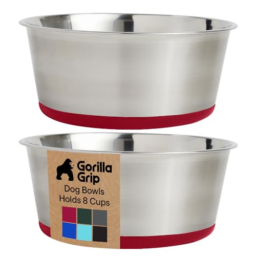 GORILLA GRIP Dog Bowls Food Grade 304 Stainless Steel Holds 8 Cups Each 64 fl oz Food and Water Bowl for Feeding Dogs and Cats Dishwasher Safe Rust Resistant BPA Free Rubber Base Set of 2 Red - Image 1