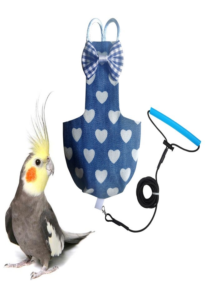 VANTRONIK VANFAVORI Bird Diaper Harness Flight Suit Clothes with 80 Inch Flying Leash for Parrots Cockatiel Pet Birds Including A Cotton Pad, S Size, Denim Heart - Image 1
