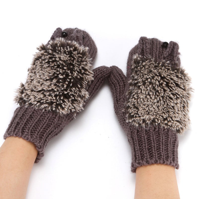 Knitted gloves womens autumn and winter fleece-lined warm bag finger gloves hot selling hedgehog finger cartoon finger glovesHedgehog dark gray Hedgehog dark gray 