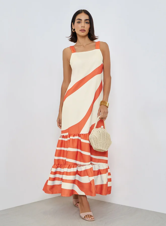 Square Neck Printed Shift Maxi Dress