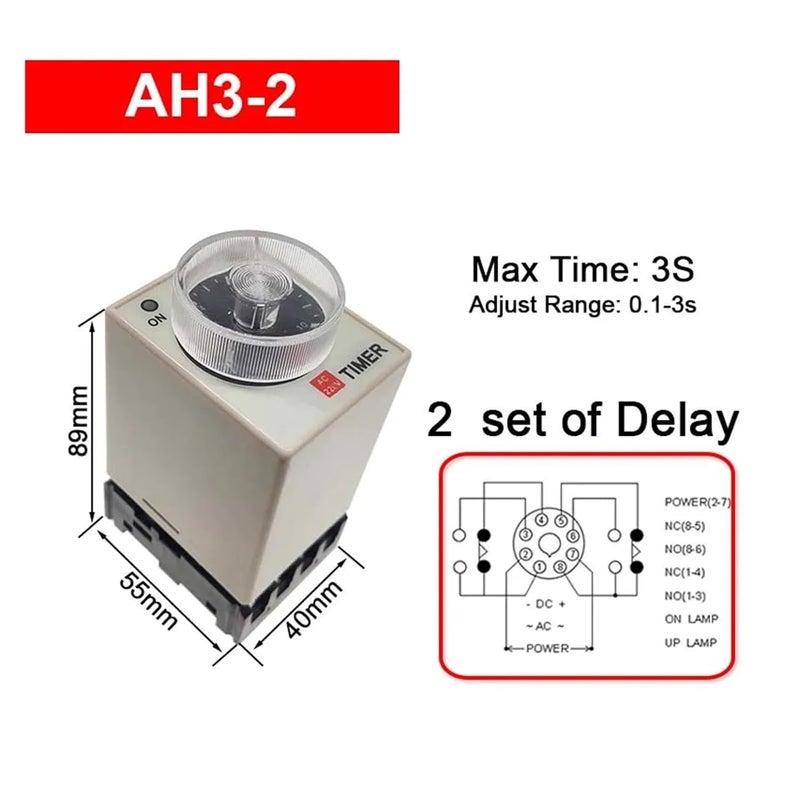 مرحل توقيت AH3-2 AC/DC عالمي غرزة سميكة مؤقت تأخير تشغيل الطاقة AH3-3 نطاق ضبط 0.1 ثانية-60 دقيقة مع قاعدة DC12V24V AC220V (AH3-2 0-3 ثواني) - Image 2