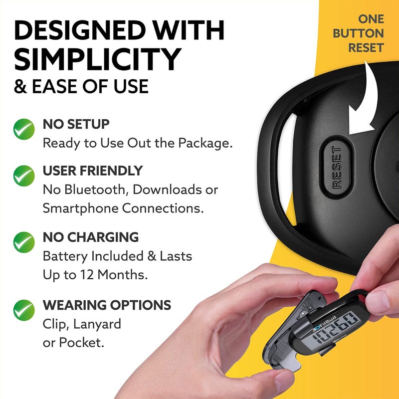 3DActive 3DFitBud Simple Step Counter Walking 3D Pedometer by 3DActive with Clip, Lanyard Accurate Step Tracker Large Display, Easy to Use for Kids Men Women Adult Seniors Daily Step Tracking - A420S - Black - Image 3