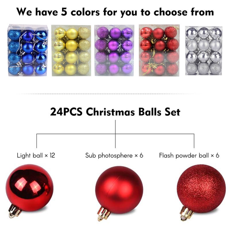 24PCS Christmas Balls Set 3cm Christmas Pendant Decorative Balls Christmas Tree Shatterproof Ornaments Ball for Christmas Trees Wedding Party Home Decoration - Image 2