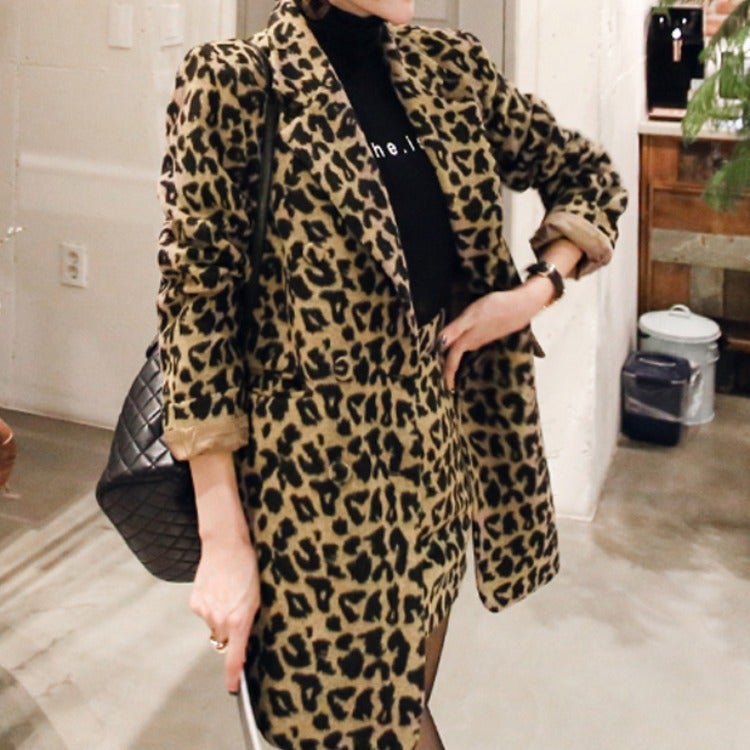 Women'S New 2023 Korean Style Temperament Double-Breasted Suit Jacket Fashion Bag Hip Skirt Leopard Print Wool Suit - Image 4