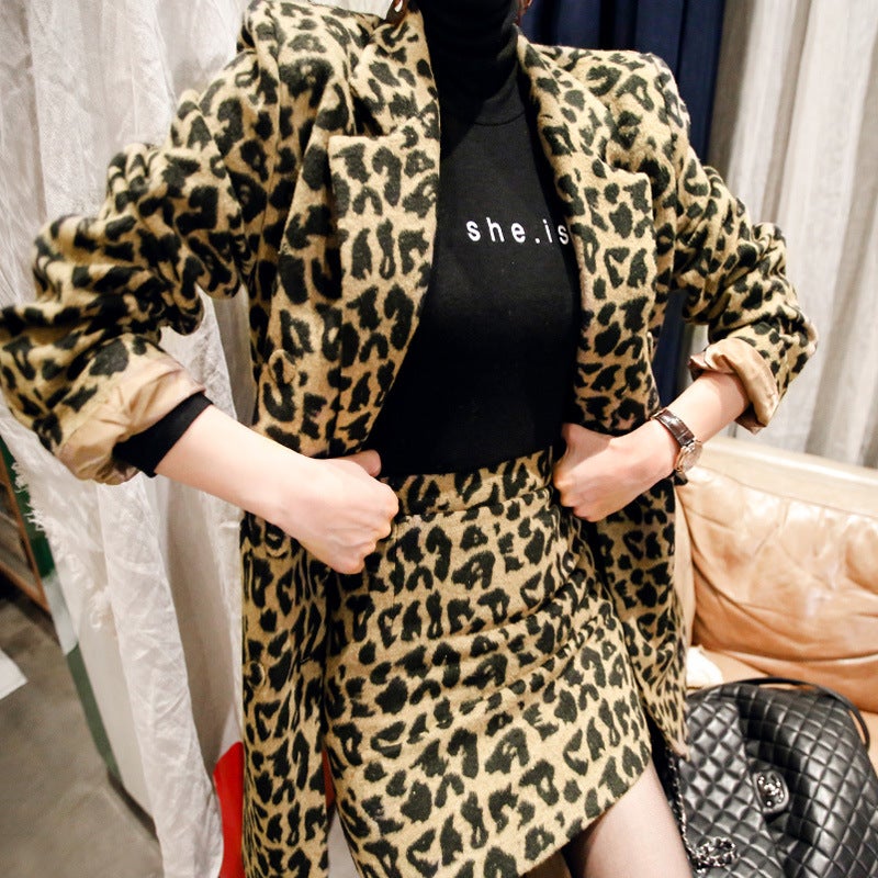 Women'S New 2023 Korean Style Temperament Double-Breasted Suit Jacket Fashion Bag Hip Skirt Leopard Print Wool Suit - Image 1