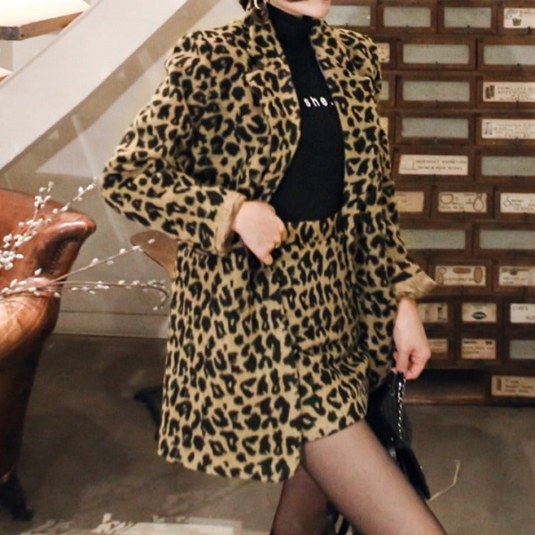Women'S New 2023 Korean Style Temperament Double-Breasted Suit Jacket Fashion Bag Hip Skirt Leopard Print Wool Suit - Image 2