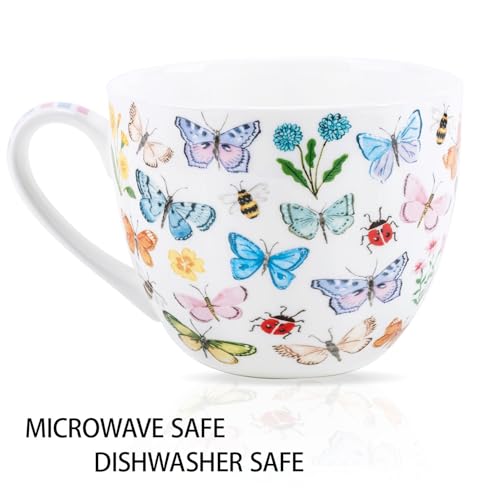 MFoffice Colorful Butterfly Mug - 20oz Bone China Coffee Tea Hug Mug with Multicolor Butterflies, Ladybugs, Bees & Blooms, Perfect Gifts for Mom Women Mothers Day, Designed in England by Harvest Green Studio - Image 4