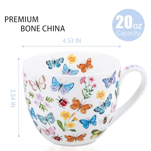 MFoffice Colorful Butterfly Mug - 20oz Bone China Coffee Tea Hug Mug with Multicolor Butterflies, Ladybugs, Bees & Blooms, Perfect Gifts for Mom Women Mothers Day, Designed in England by Harvest Green Studio - Image 2