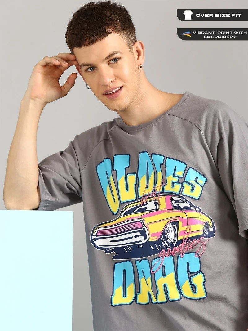 Joven Men Grey Printed and Embroidered Pure Cotton Oversized Raglan T-Shirt