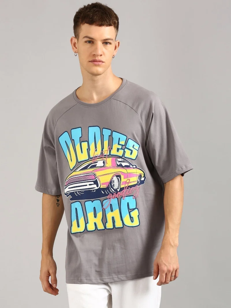 Joven Men Grey Printed and Embroidered Pure Cotton Oversized Raglan T-Shirt