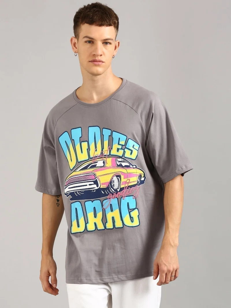 Joven Men Grey Printed and Embroidered Pure Cotton Oversized Raglan T-Shirt